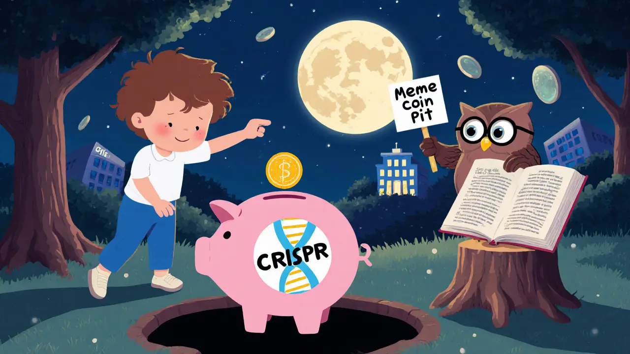 A child drops a CRISPR coin into a dark pit as an owl holds a sign about real science, with a glowing hospital in the distance.