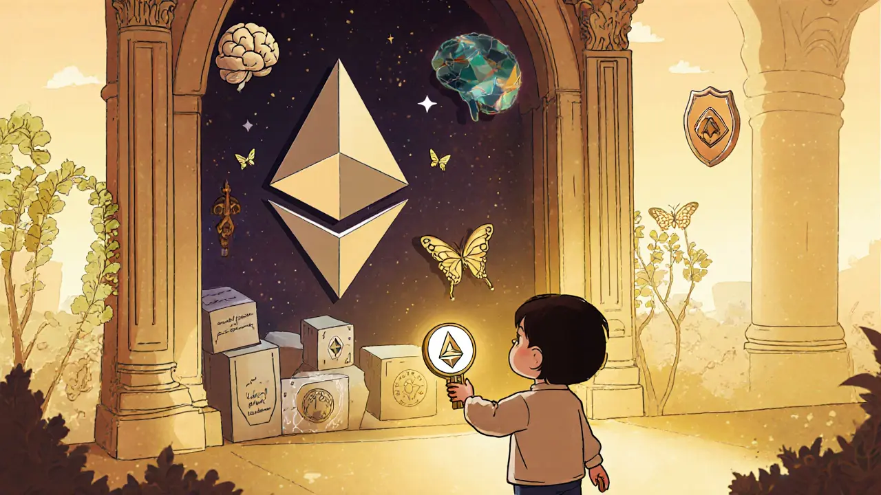 A child holds a glowing LA token as a magic key, standing before a door to a world of AI, DeFi, and DAOs protected by proof-shaped dragonflies.