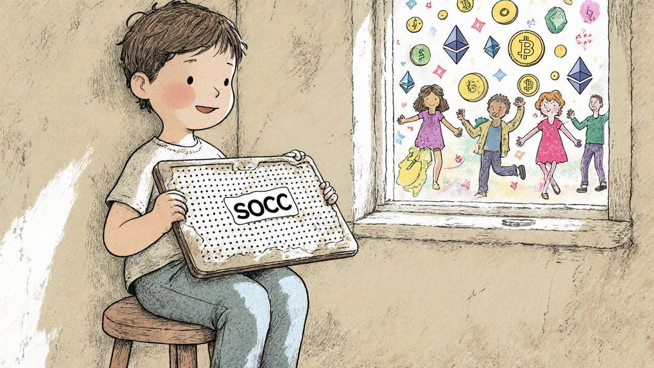 A child looks at a lonely SOCC dot on a tablet while other coins dance outside.
