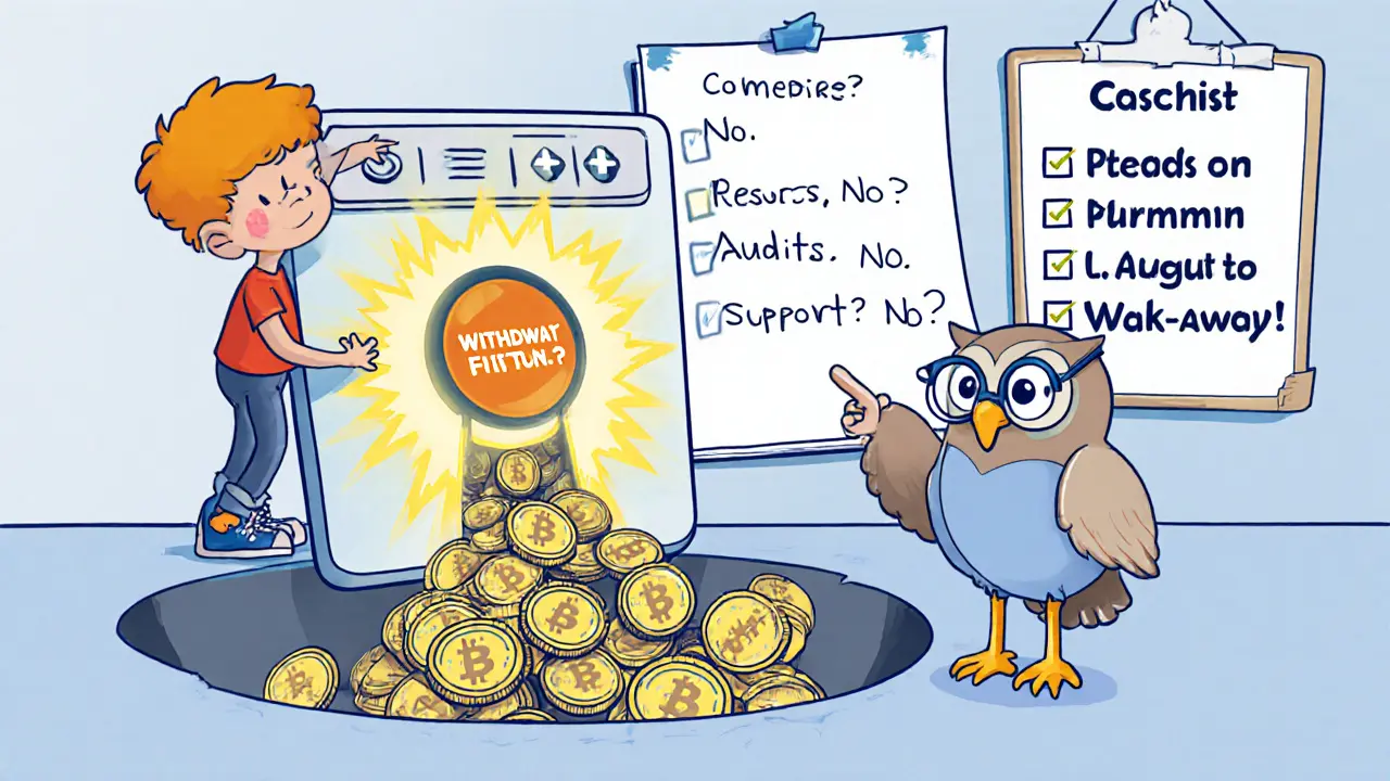 A child pressing a trapdoor button on a crypto screen as coins fall into a pit, guided by an owl with a safety checklist.