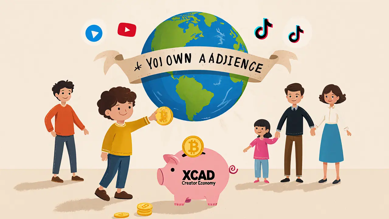 A child puts an XCAD token into a piggy bank labeled &#039;Creator Economy&#039; as creators and viewers shake hands over a globe of platforms.