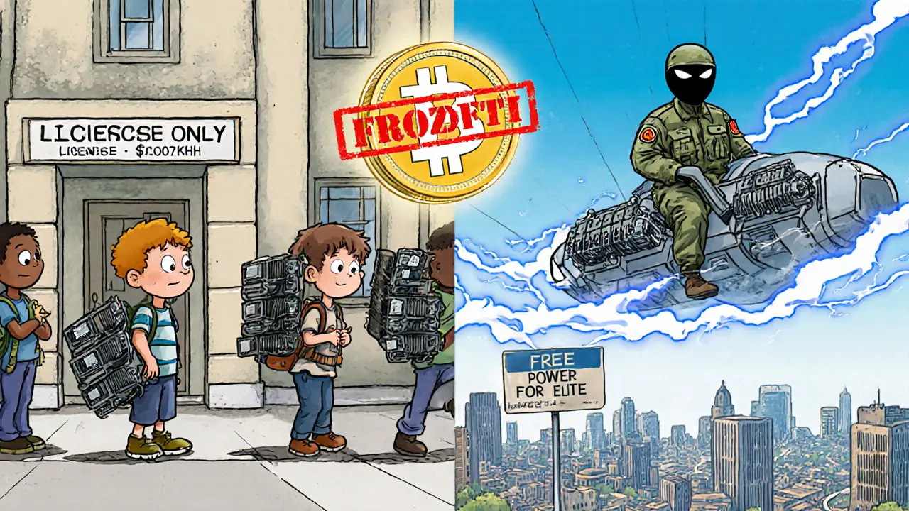 A child waits for a mining license while a soldier flies with free power and frozen USDT coins.