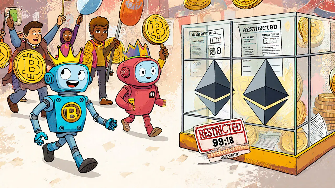 A crowned digital coin robot parades while Bitcoin is locked in a cage.
