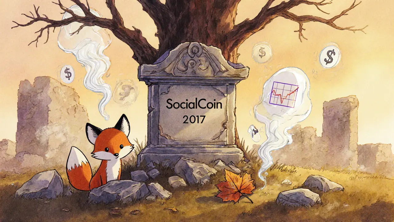 A curious fox peeks at a crumbling SocialCoin monument among ghostly graphs.