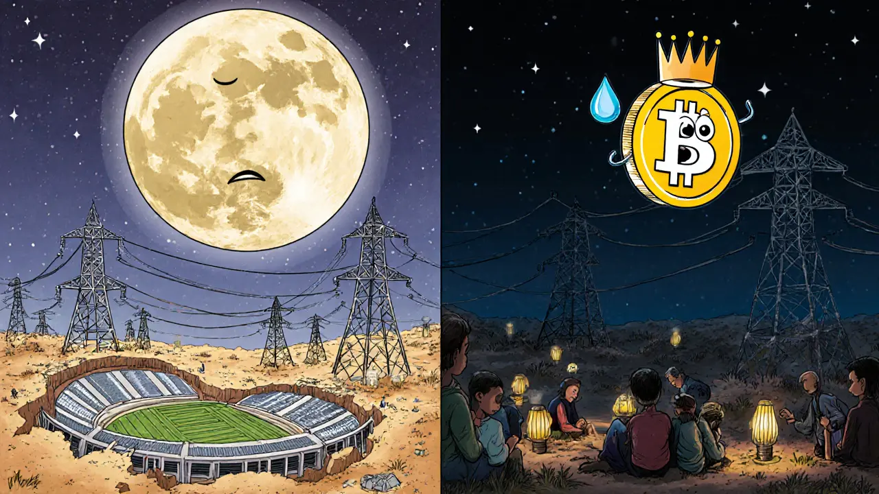 A darkened Iranian city contrasts with hidden mining rigs under a stadium, watched by a lonely moon.