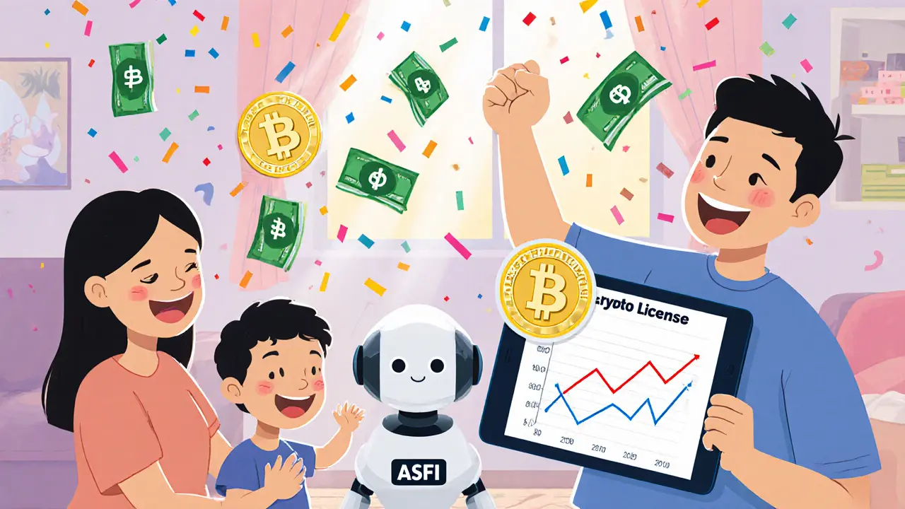 A family celebrates as a robot gives them a crypto license, with boliviano bills floating like confetti.