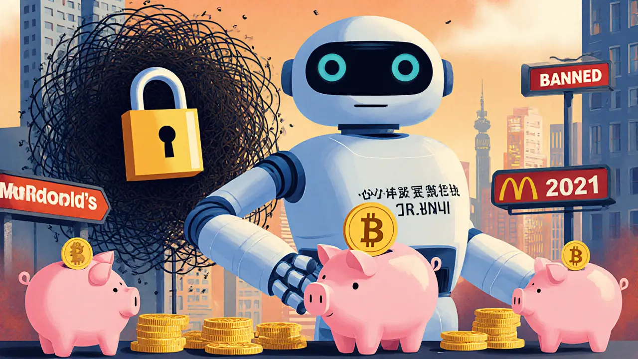 A friendly robot from the People’s Bank of China giving digital yuan to citizens, while Bitcoin chains are locked away.