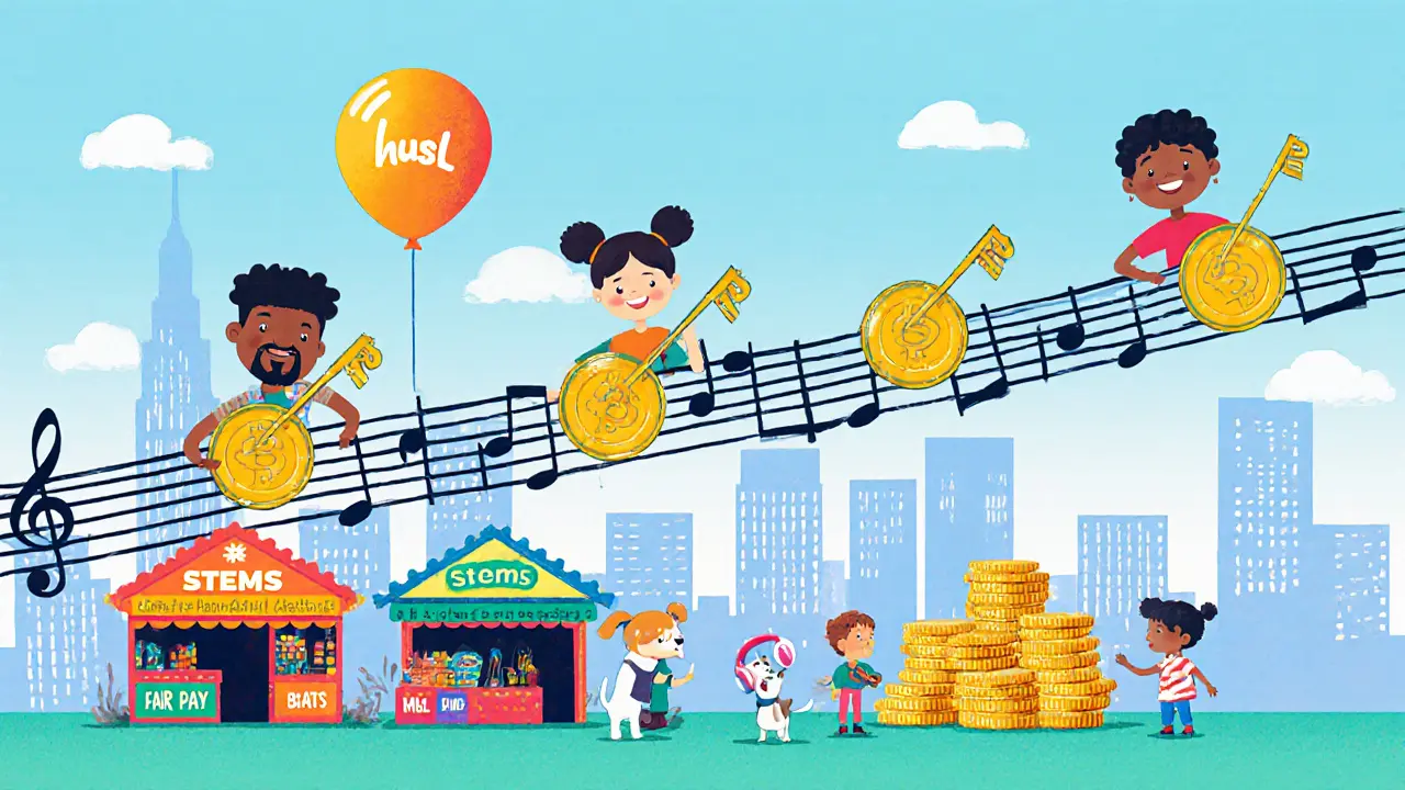 A giant musical scale spans a city, with artists holding HUSL tokens as keys, while children trade beats at a colorful market.