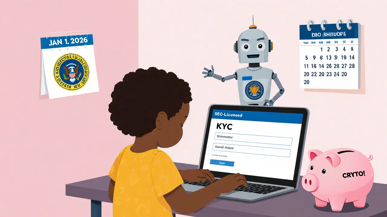 A girl using a laptop with a SEC-licensed crypto platform, helped by a robot, next to a savings piggy bank.