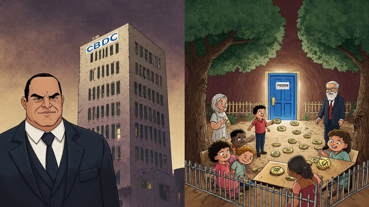 A government builds a locked blockchain tower while people secretly trade crypto through a hidden network.