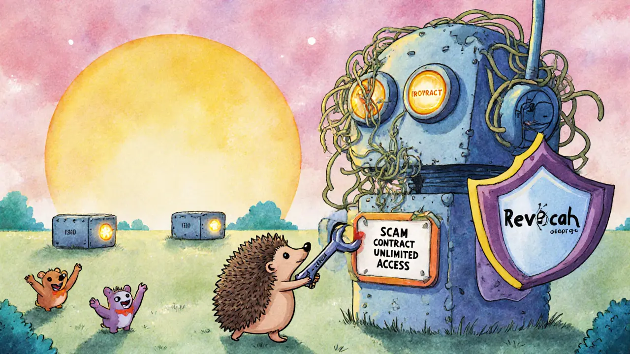 A hedgehog shuts down a scam contract with a wrench while others cheer safely.