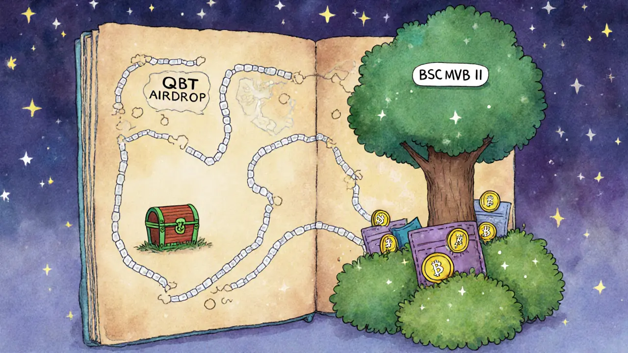 A magical treasure map leading to a chest labeled &#039;QBT Airdrop&#039; with cartoon wallets nearby.