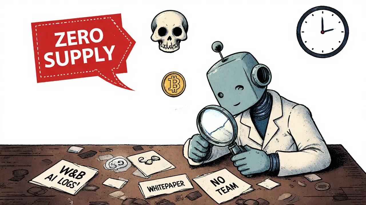A robot examines invisible tokens amid AI logs and a warning sign saying &#039;Zero Supply&#039;.