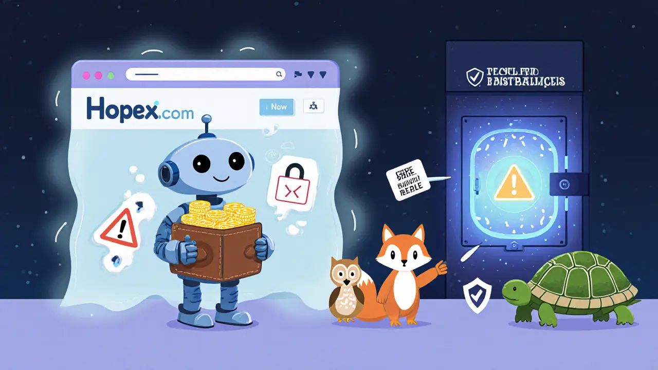 A robot facing a ghostly Hopex website while friendly animals guide it toward safe exchanges.