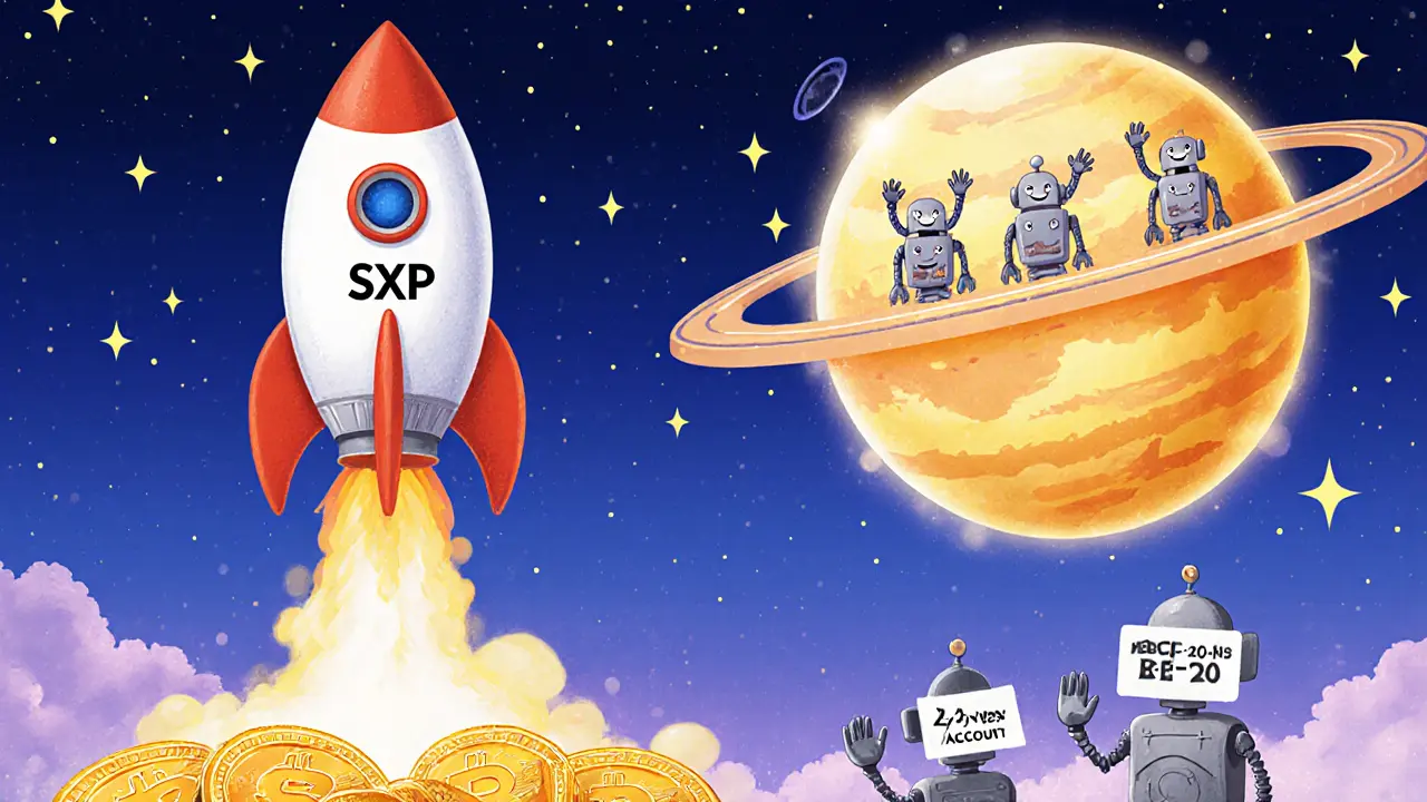 A rocket carrying SXP launches from old crypto tokens toward a shining solar mainnet planet.