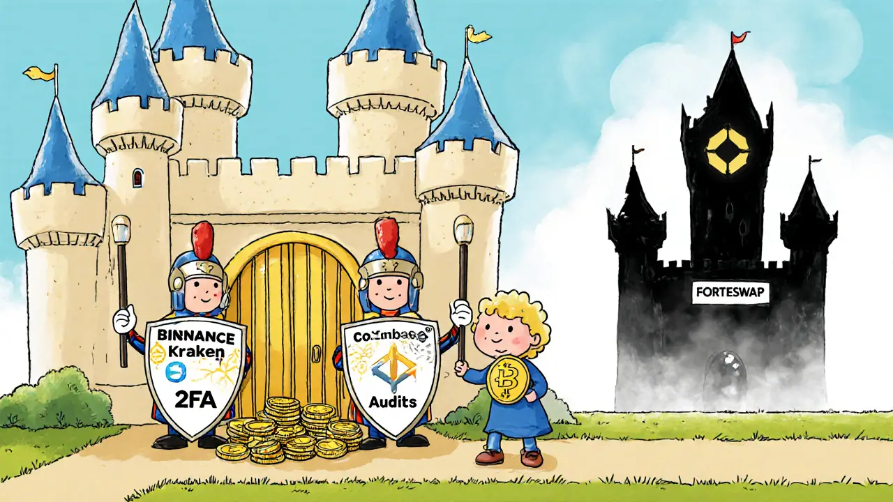 A safe castle with friendly exchange guards protecting coins, while a crumbling tower labeled Forteswap fades into mist.