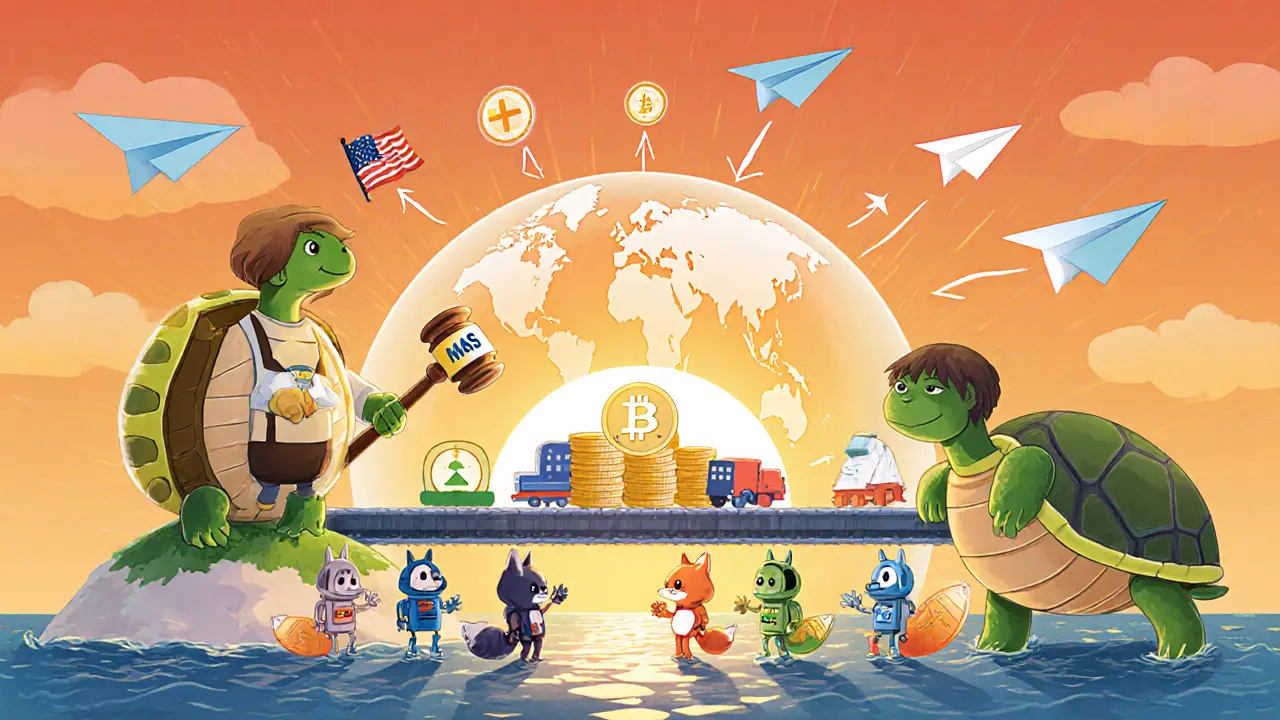 A Singaporean turtle judge gives licenses to cute crypto robots, with tokenized bonds flowing to a global map under a sunset.