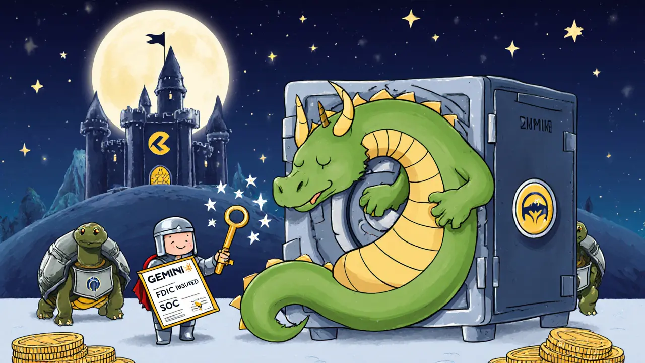 A sleepy dragon guarding a vault labeled Gemini, with a knight holding an FDIC key, under a starry sky with crypto stars.