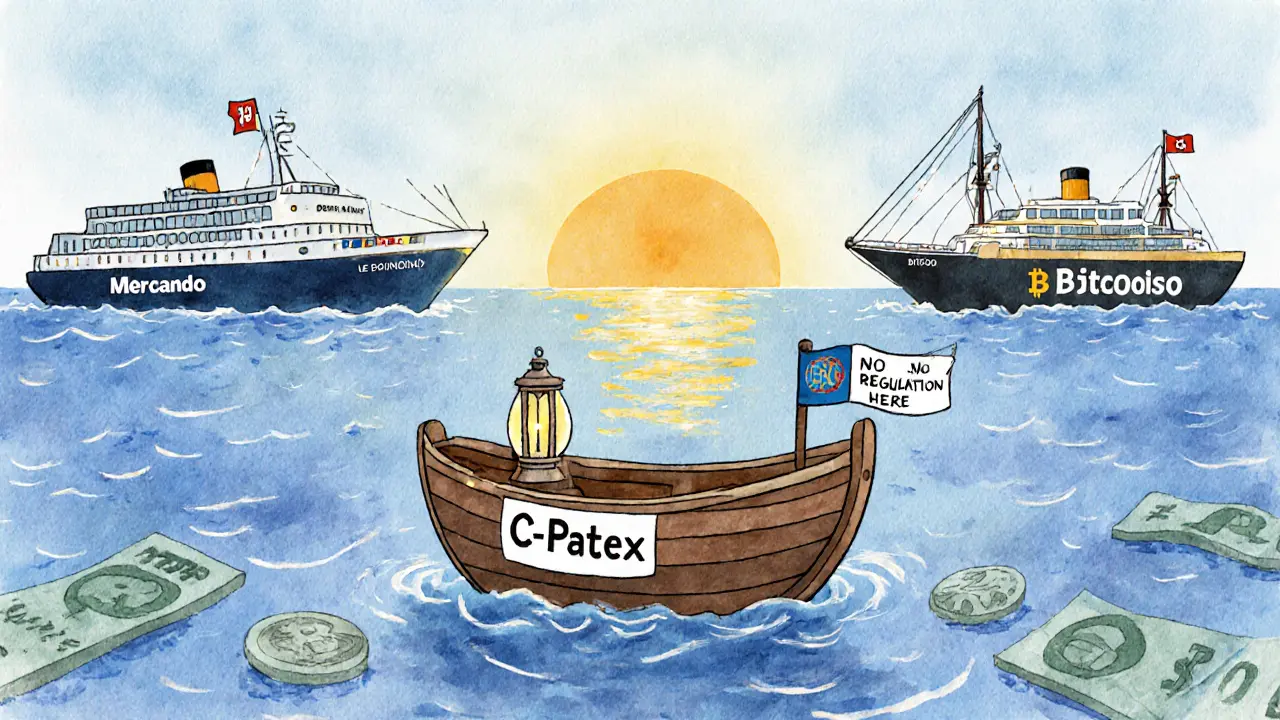 A small boat labeled C-Patex on a sea of pesos and reals, with bigger ships nearby representing better exchanges under a sunrise.