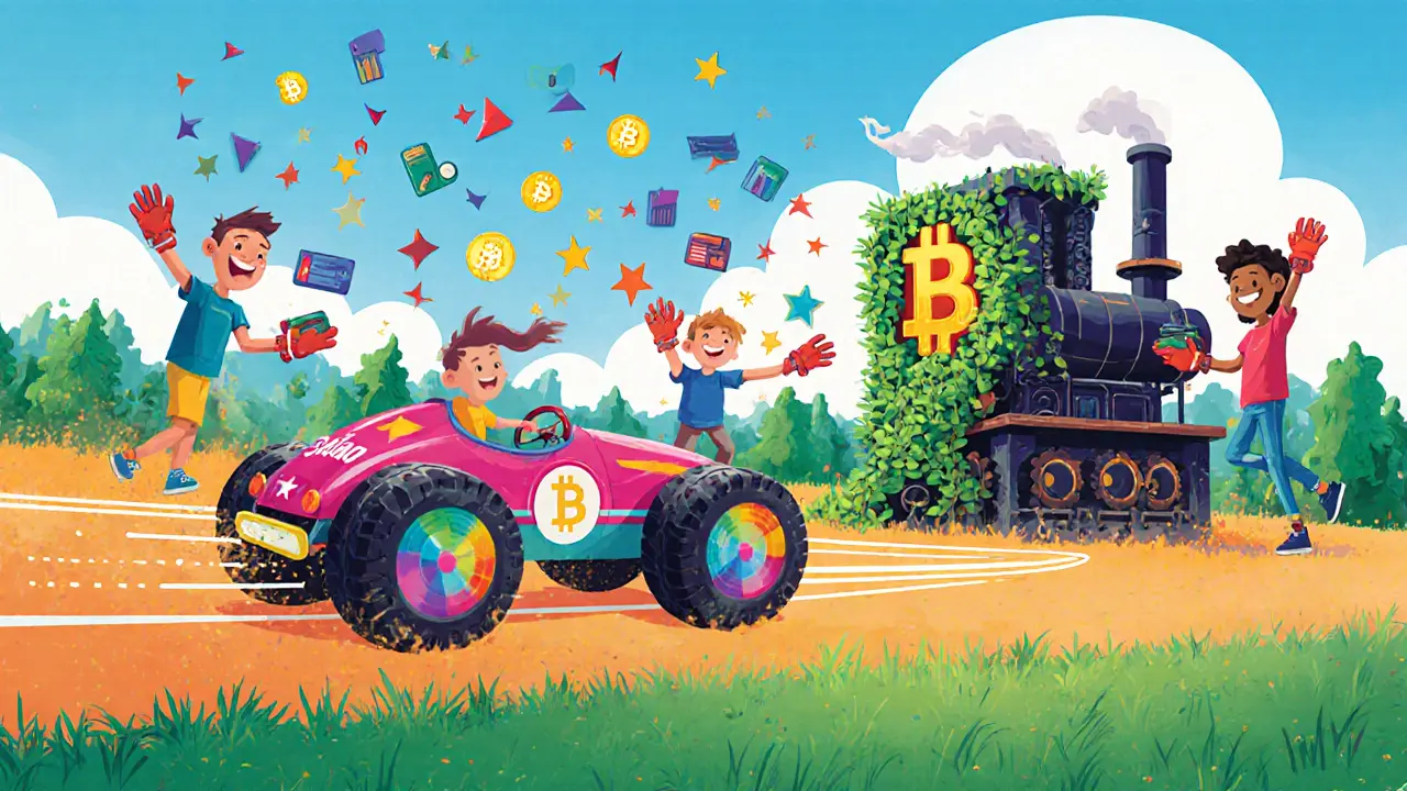 A speed-focused Solana race car zooms past an old Bitcoin miner, with users catching reward stars.