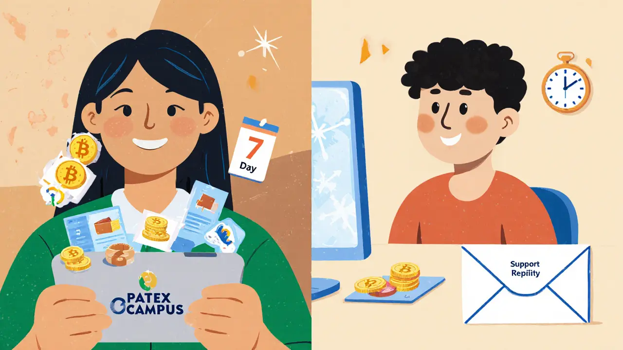 A student learning crypto on a tablet while another screen shows a 7-day delay for customer support, illustrated in a children&#039;s book style.