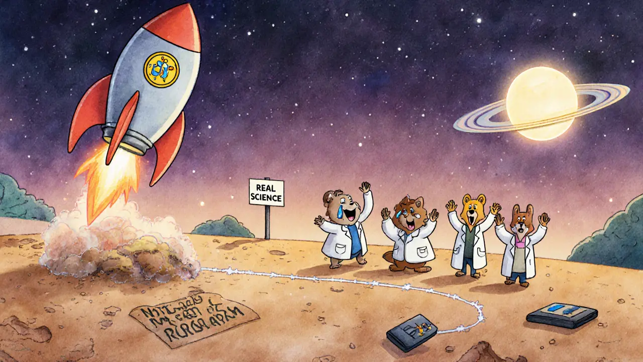 A tiny CRISPR coin rocket launches from a barren planet with no science, while animals wave goodbye under a twilight sky.