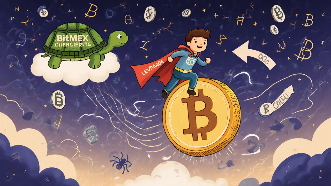A trader rides a peso coin through a storm of leverage arrows, watched by a wise Bitcoin turtle.
