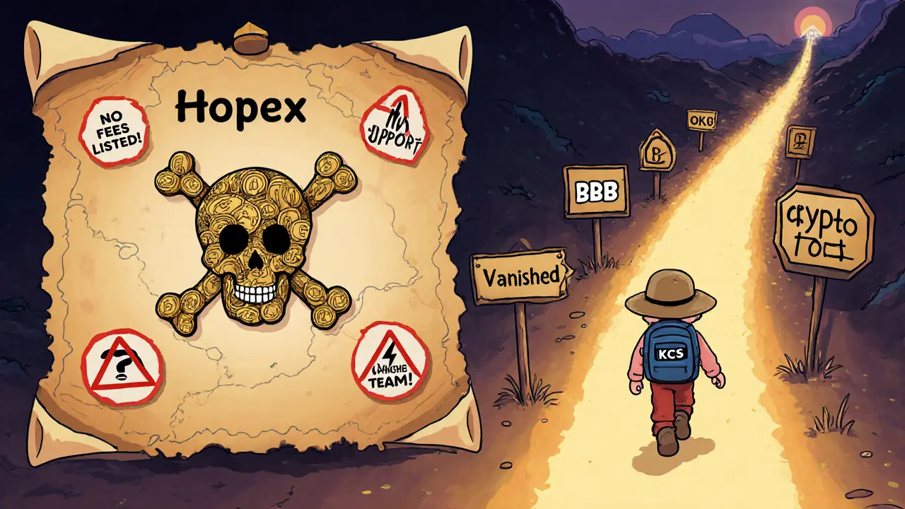 A treasure map showing Hopex as a dangerous X, while a child walks toward trusted crypto exchanges.