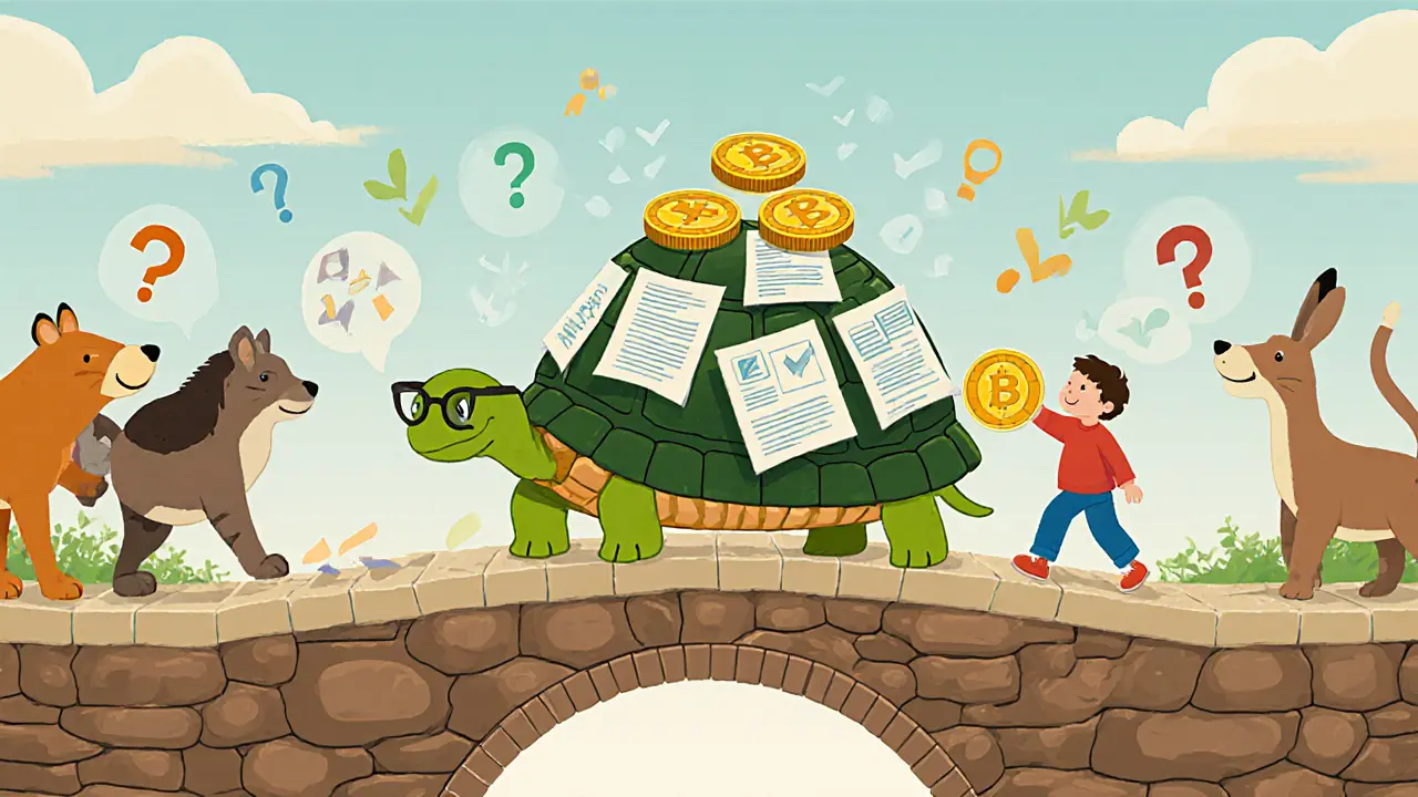 A wise Cardano turtle crosses a code bridge while other animals chase crumbling coins.