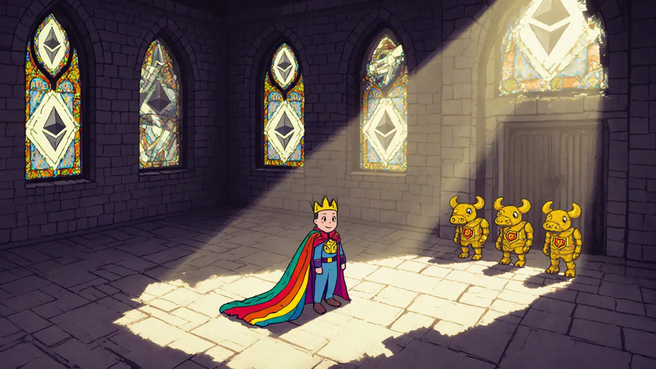 Abandoned metaverse castle with a single Polqueen avatar on an empty throne, surrounded by dimmed Bull NFTs.