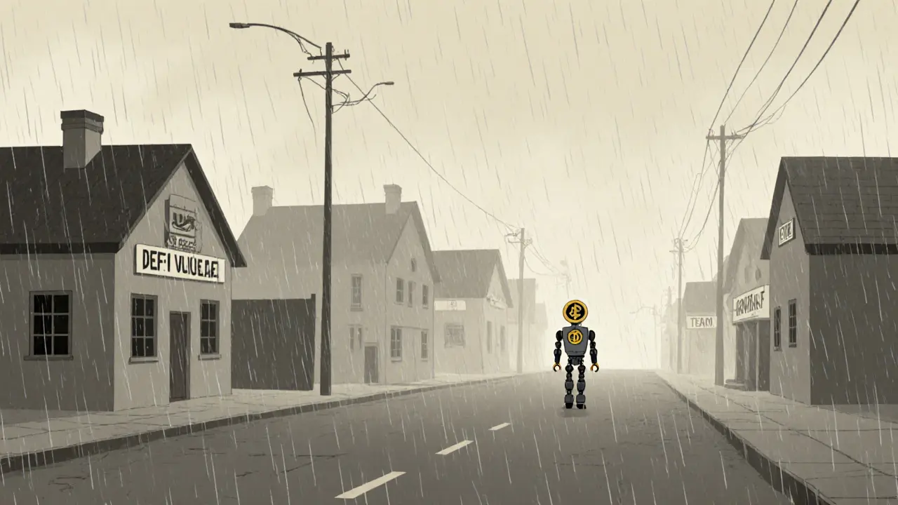 An empty digital village with abandoned buildings and a lonely robot walking away.