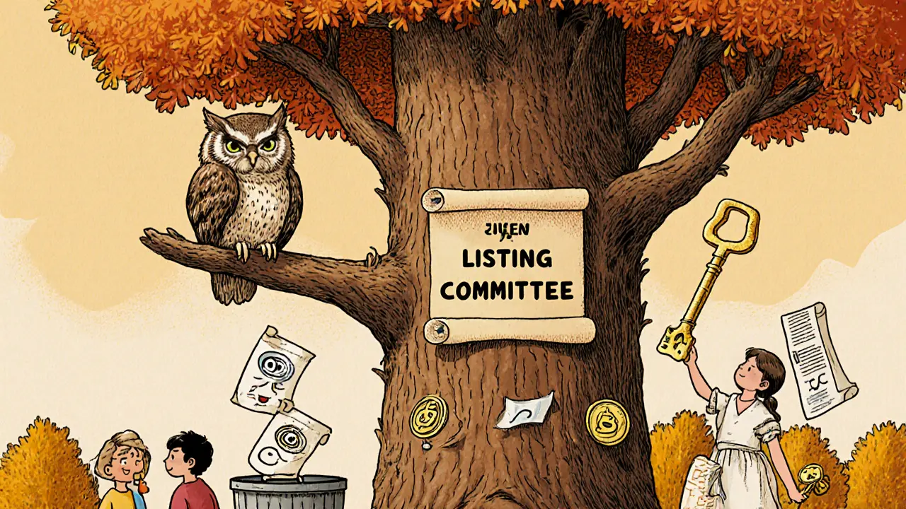 An owl reviewing tokens on a tree, rejecting silly meme coins and approving audited ones.