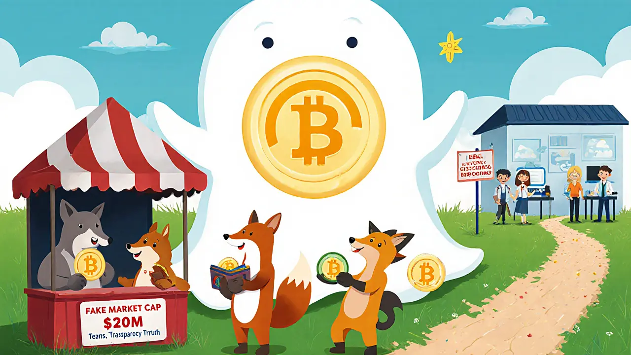 Animals try to buy fake tokens from a fox vendor while a ghostly token fades away.
