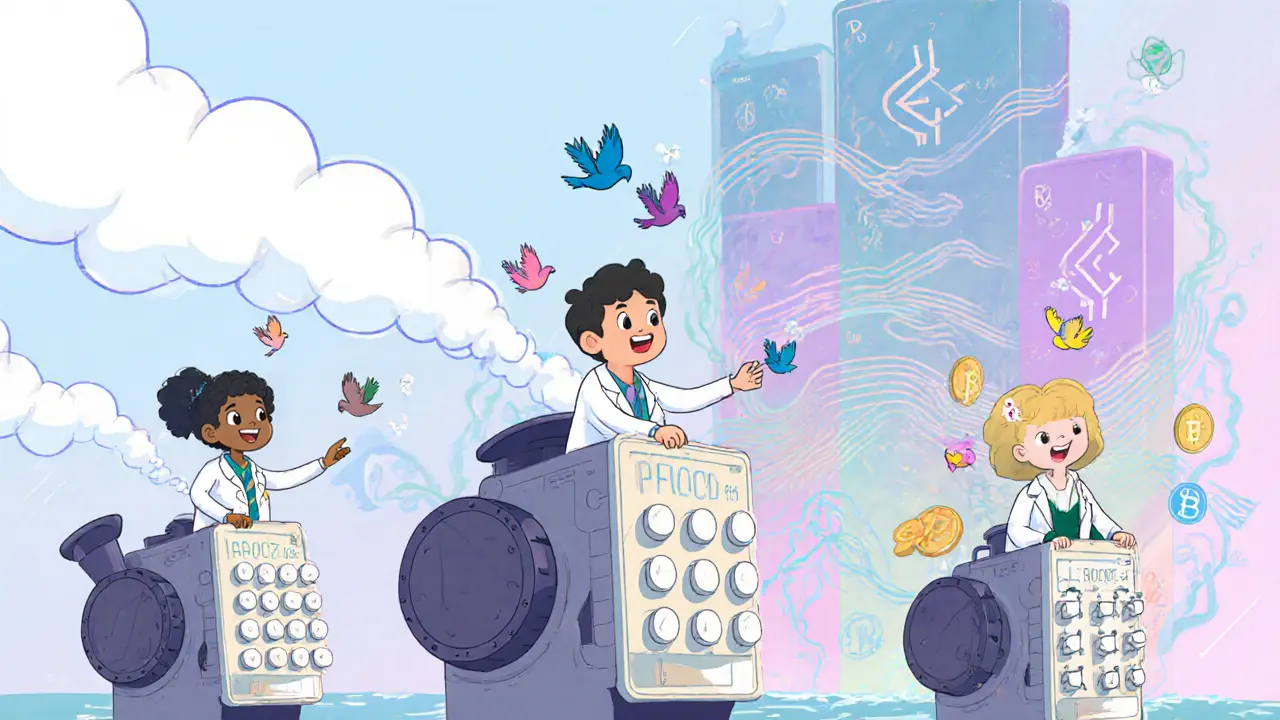 Cheerful engineers ride proof-generating machines that release colorful birds made of ZK proofs across animated blockchains.