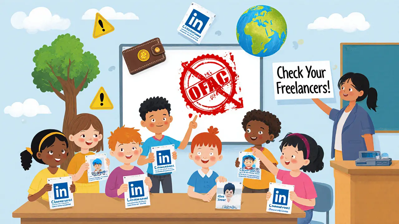 Children examine fake online profiles as a giant OFAC stamp crushes a crypto wallet in a classroom.