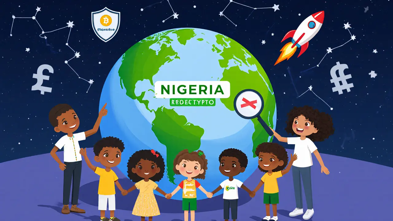 Children holding hands around a globe with a shield and rocket, symbolizing safe, regulated crypto in Nigeria.