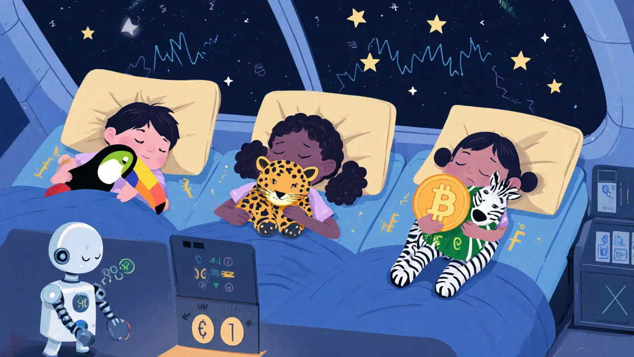 Children sleep peacefully dreaming of their home currencies hugging Bitcoin pillows under a starry sky.