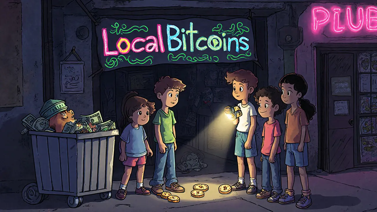 Children trade Bitcoin cash secretly in a dim alley, with a cat wearing a bank hat watching.