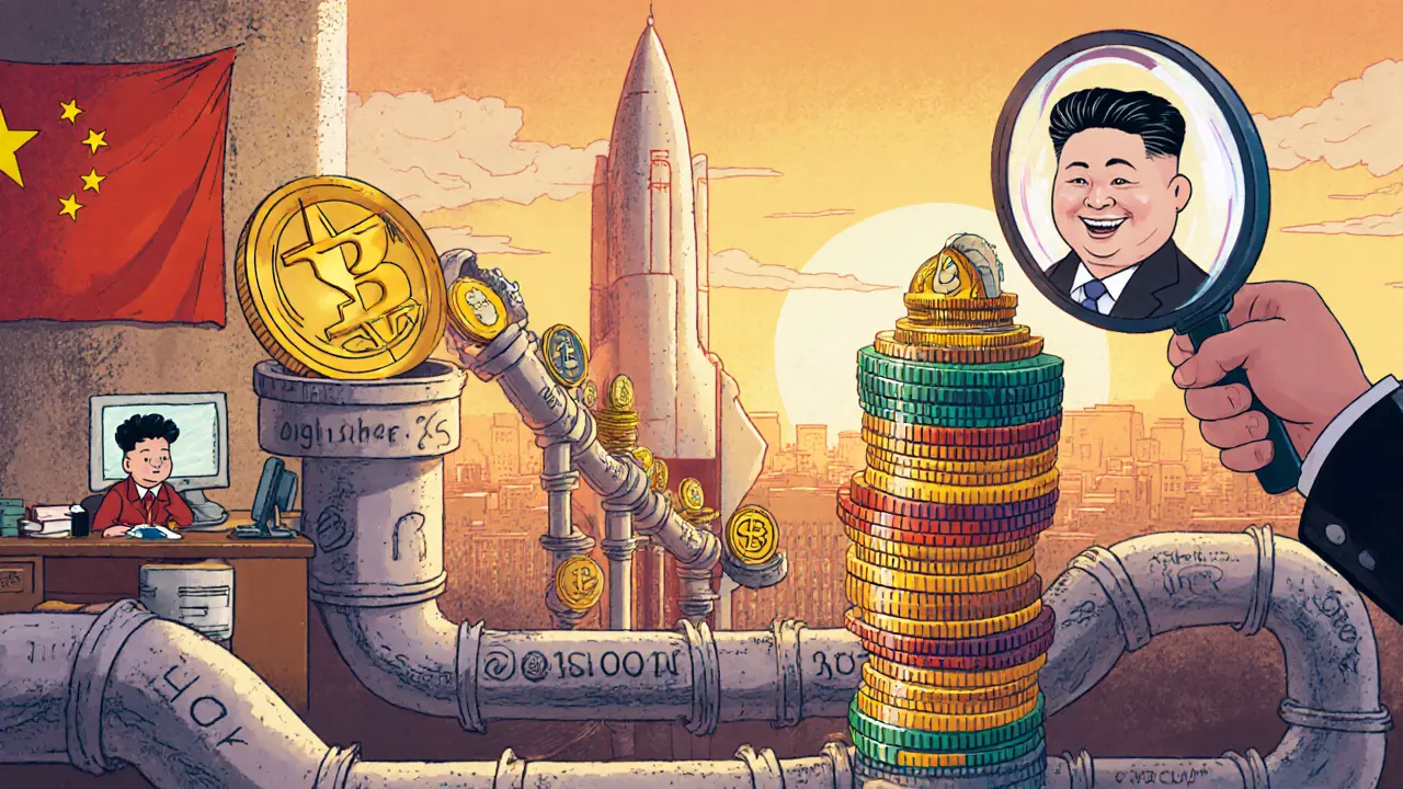 Crypto coins flow through international pipes to form a missile made of ETH and USDC tokens in Pyongyang.