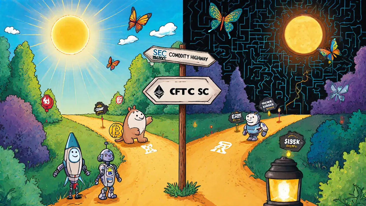 Crypto startups stand at a crossroads: one path leads to a bright market labeled CFTC, the other to a dark maze labeled SEC.