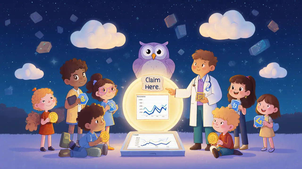 Diverse characters gathering around a glowing claim portal as a wise owl explains on-chain activity.