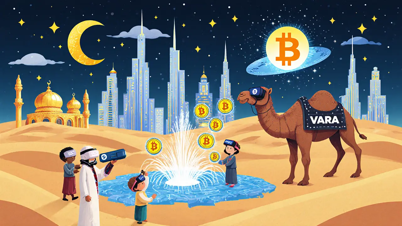 Dubai’s desert transformed into a glittering crypto city with camels carrying digital wallets and a robot camel tossing USDT coins.