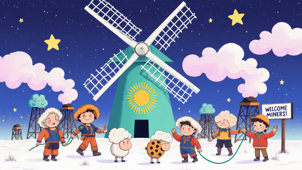 Kazakhstan windmills powering mining rigs under stars, with miners sharing cookies with sheep.