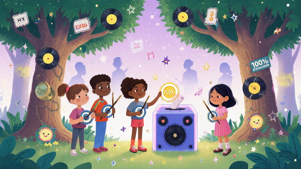 Kids hold music NFTs in a magical forest where trees are made of blockchain chains and HUSL tokens fall like leaves.