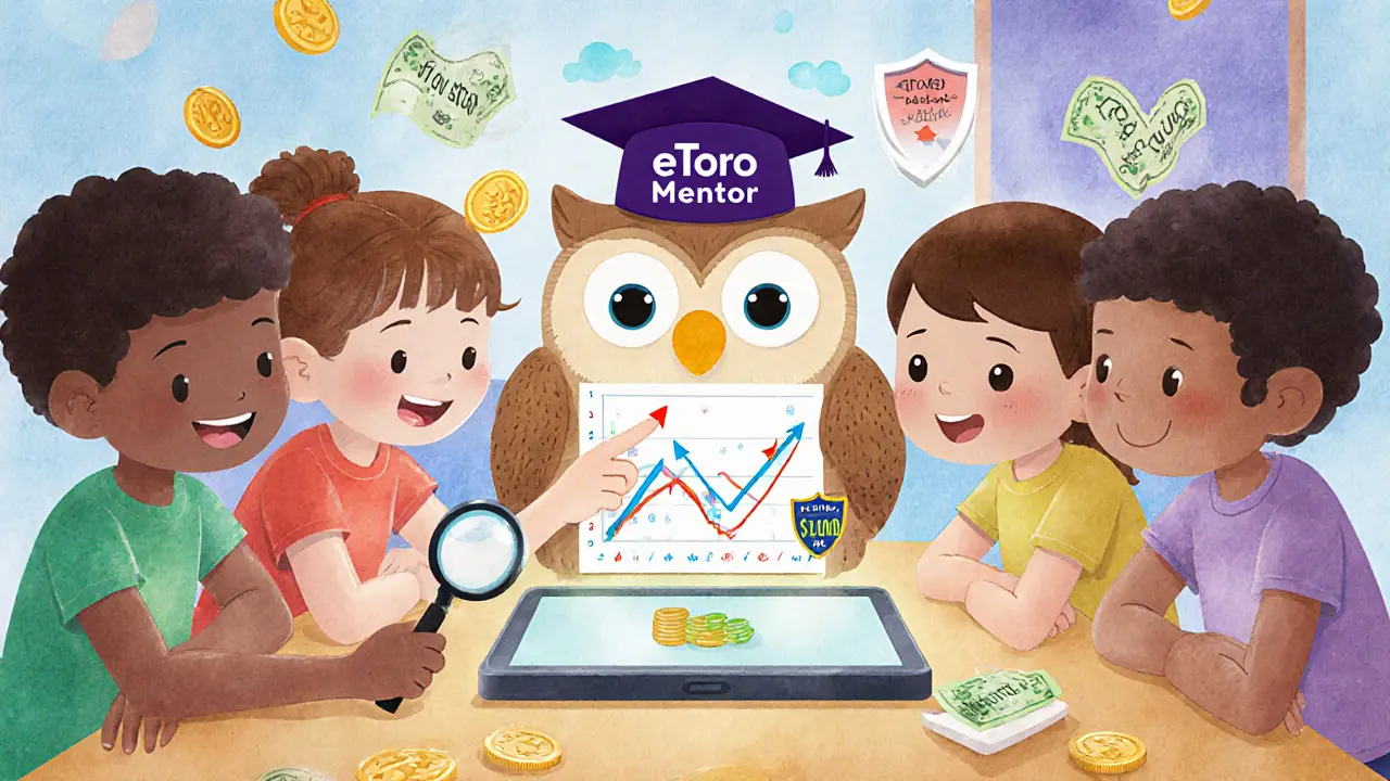 Kids learning to copy trades from a wise owl mentor on a glowing tablet, with virtual money and security shields around them.