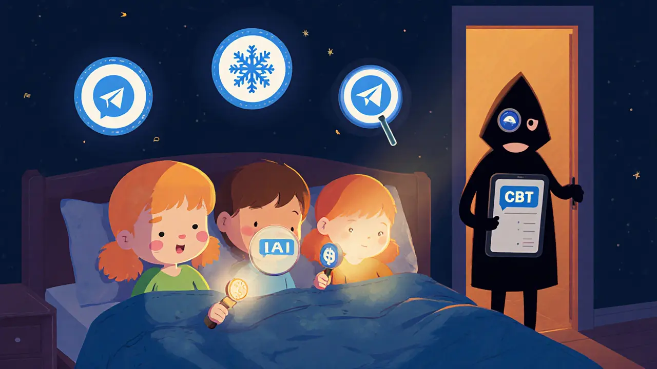 Kids trading crypto secretly under blankets with a spy peeking through the door.