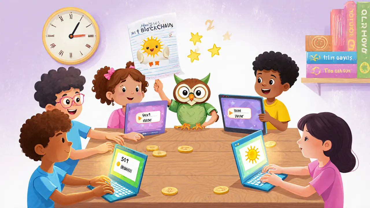 Kids use colorful wallet apps to create solar mainnet addresses while an owl checks their quiz answers.