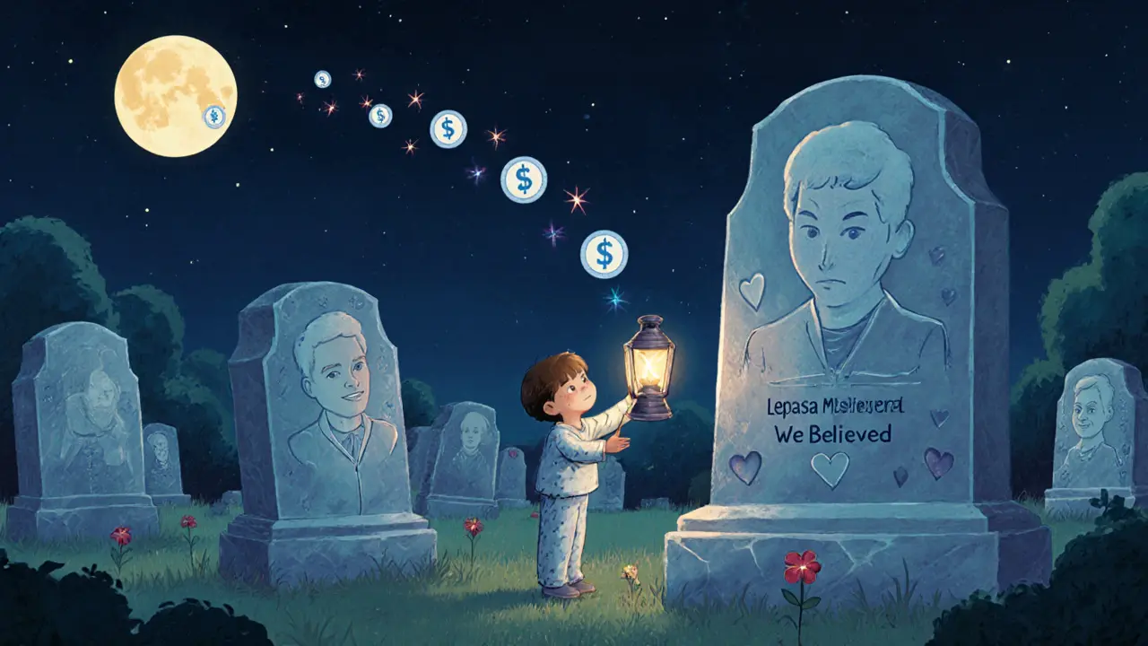 Moonlit digital graveyard of NFT tombstones, a child placing a flower at the &#039;Lepasa Metaverse&#039; stone.