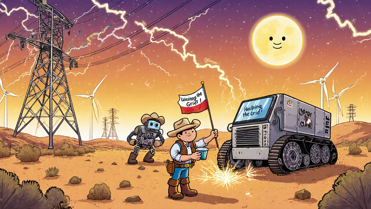 Texas cowboy miners taming lightning and wind turbines with friendly robot miners.