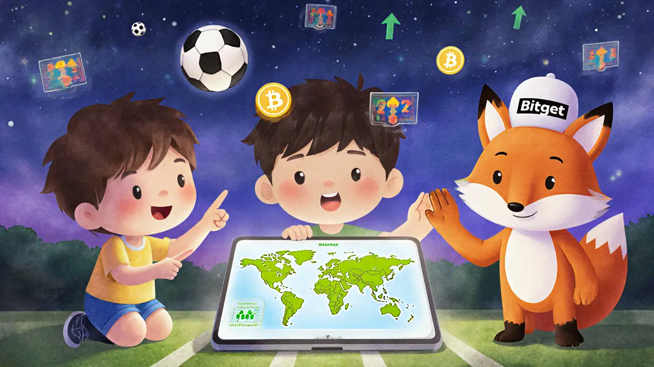Three kids using a tablet to see global soccer balls and staking rewards with a friendly fox mascot.